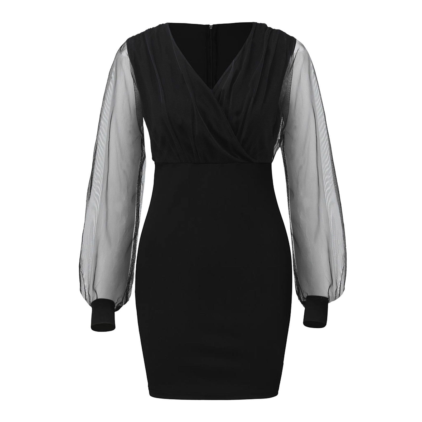 thumbnail image 4 of Vestido negro de malla para mujer - Cuello en V, manga larga, corte ajustado - Material de poliéster para mayor comodidad durante todo el día - Tallas US/UK/EU S-XL, 4 of 4